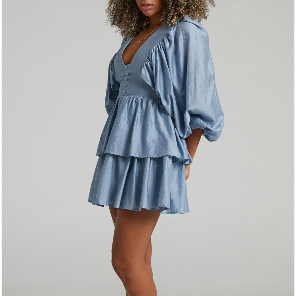 Showpo Constance Wide Sleeve Mini Party Dress Dusty Blue Size 2 - Picture 4 of 11